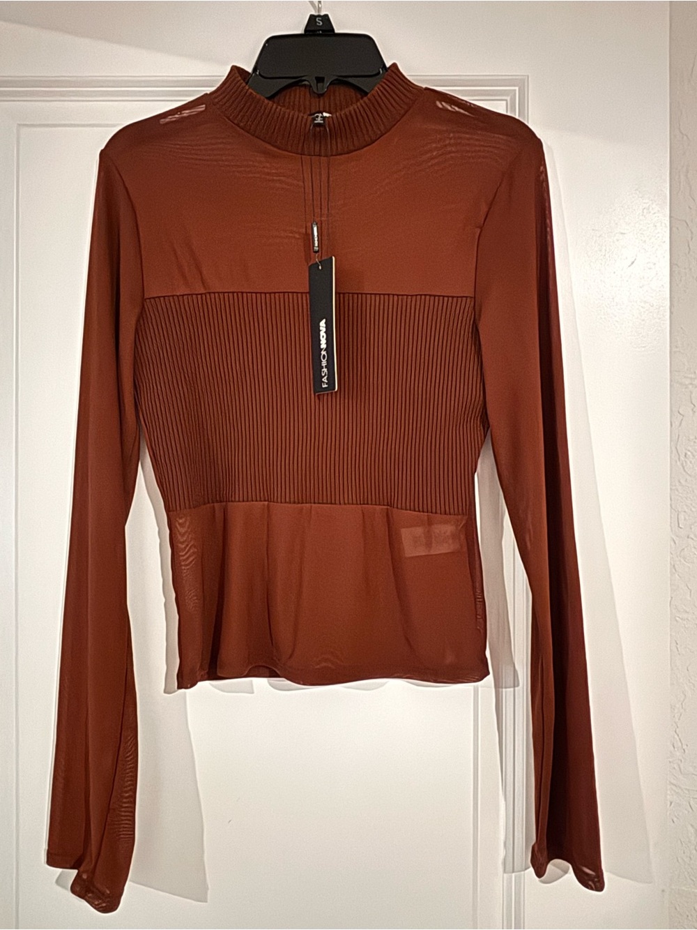 Fashion Nova Rust Long-Sleeve Ribbed Mock Neck Top